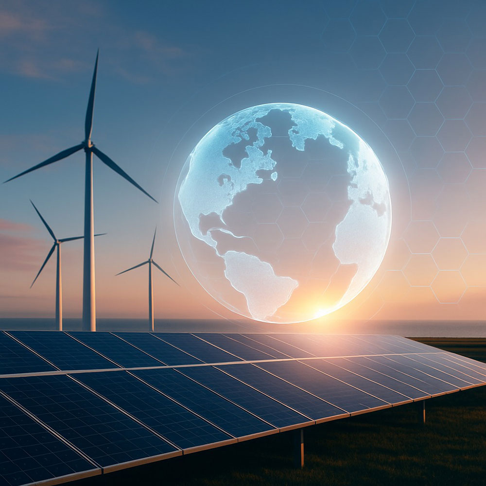 paisagem com paineis solares, 3 turbinas eólicas e um planeta terra.