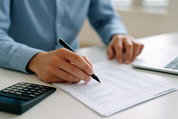 pessoa a analisar dados numa folha de pepel, com uma maquina de calcular