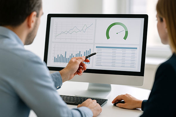 senhora e senhor a analisar dados num ecrã de computador