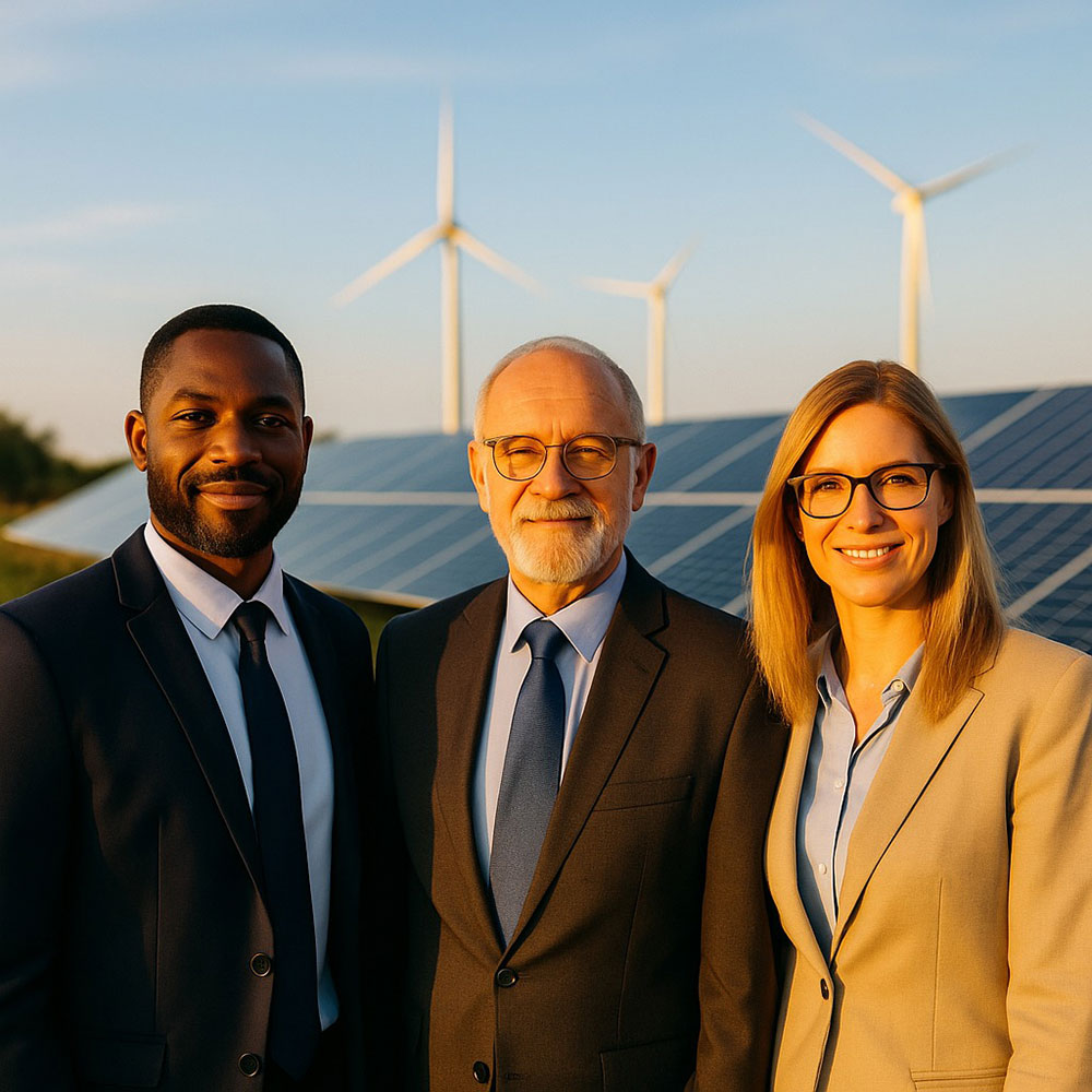 Dois senhores e uma senhora, com paineis solares e turbinas eólicas no fundo.